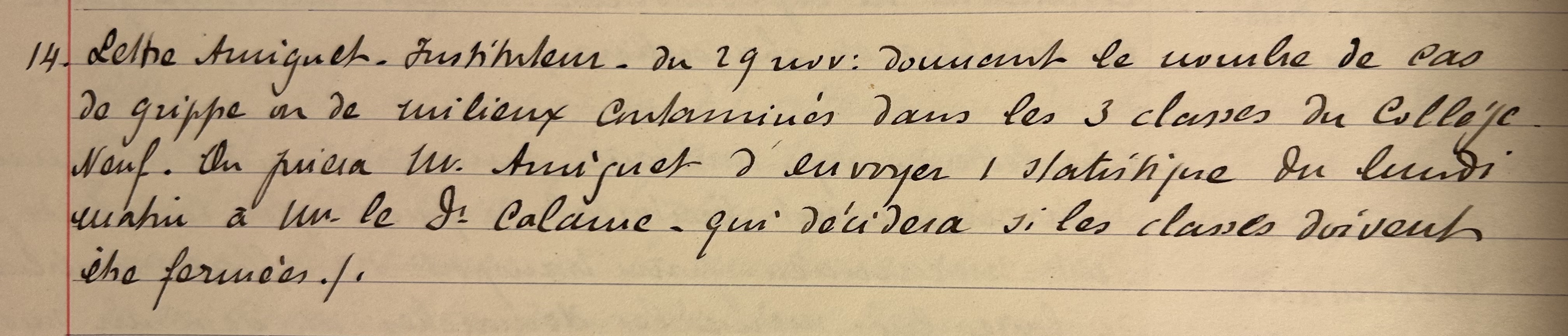 Lettre reçue le 29 novembre 1918 de l’instituteur M. Amiguet